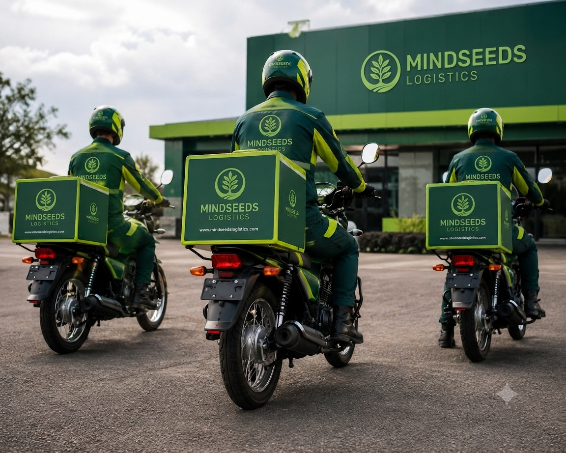 Mindseeds Logistics delivery riders on branded motorcycles outside the Enugu hub